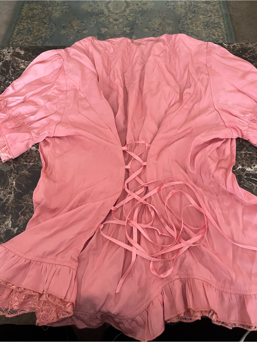 Scarlet Darkness Pink Ruffle Lace Button-Front Blouse - Picture 12 of 13